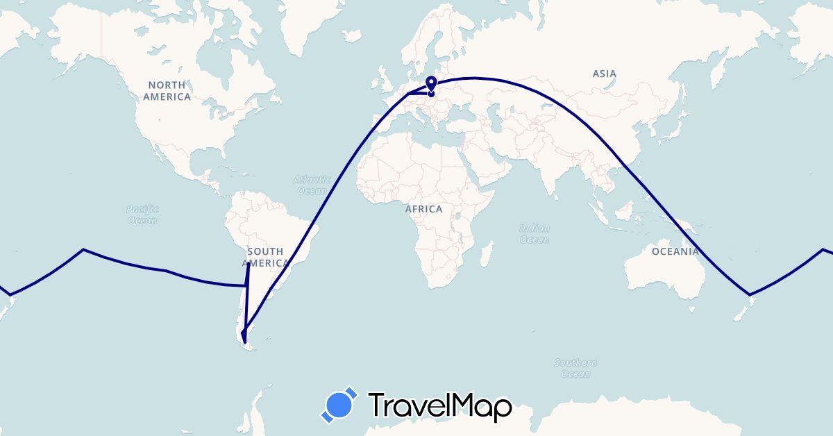 TravelMap itinerary: driving in Argentina, Chile, Germany, Hong Kong, New Zealand, French Polynesia, Poland (Asia, Europe, Oceania, South America)